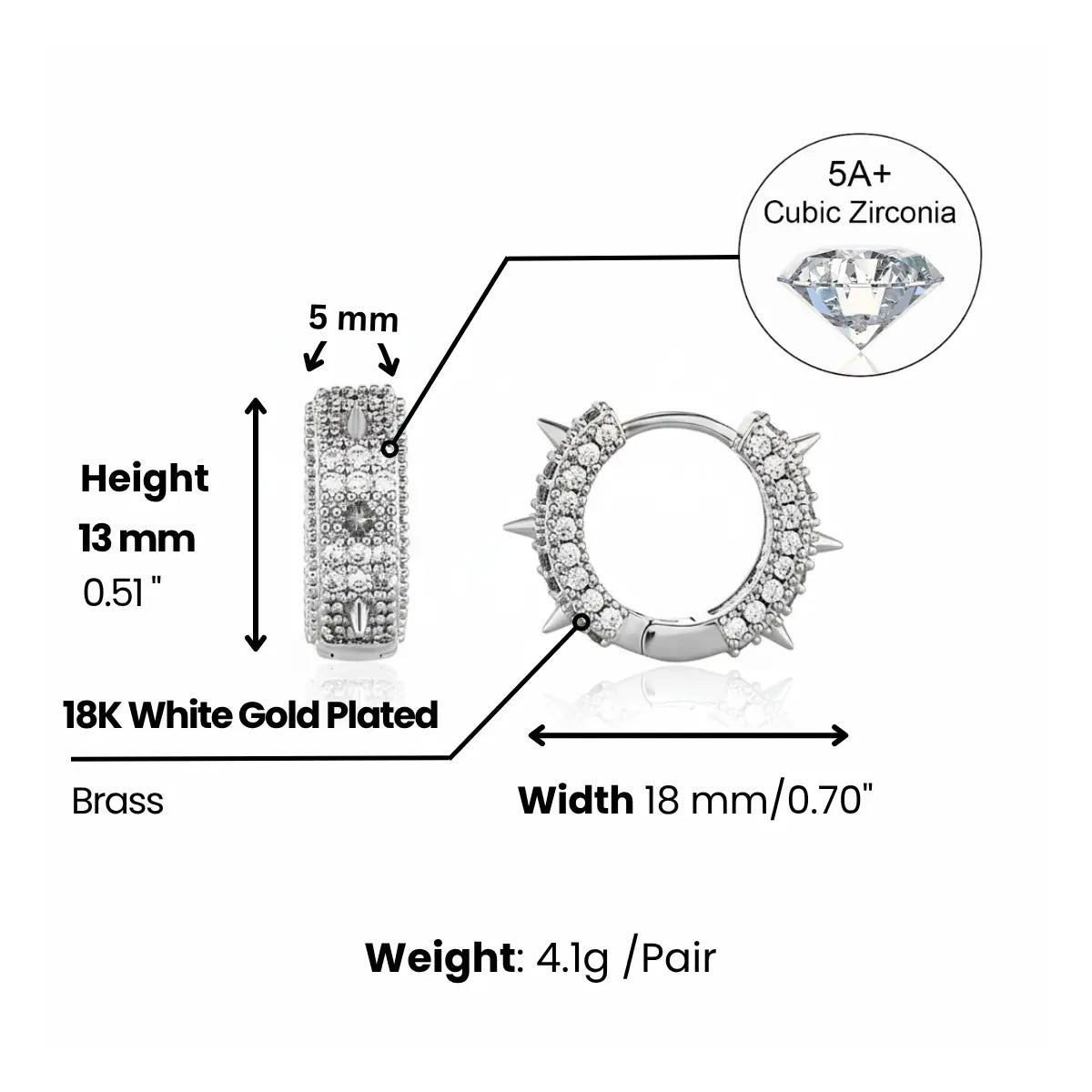 Iced Out Spikelet Hoop Earrings Dimensions and Weight