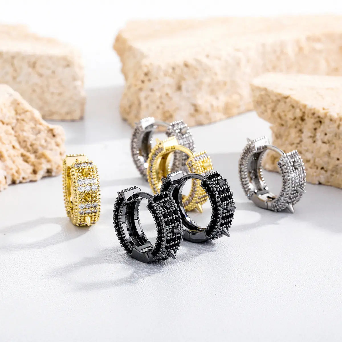 Iced Out Spikelet Hoop Earrings White Gold Black and Gold