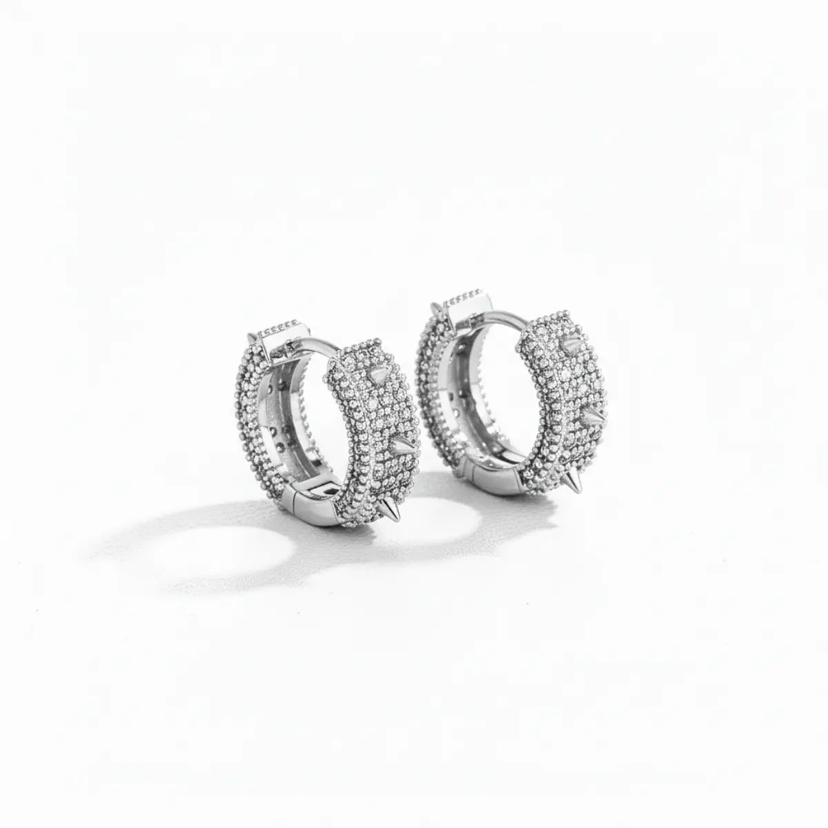 Iced Out Spikelet Hoop Earrings White Gold Front