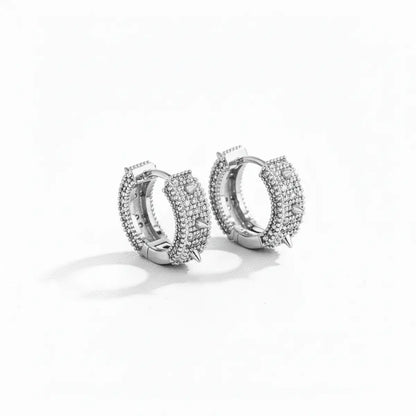 Iced Out Spikelet Hoop Earrings White Gold Front