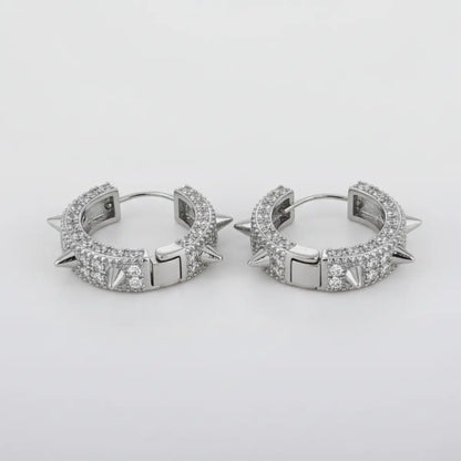 Iced Out Spikelet Hoop Earrings White Gold Side