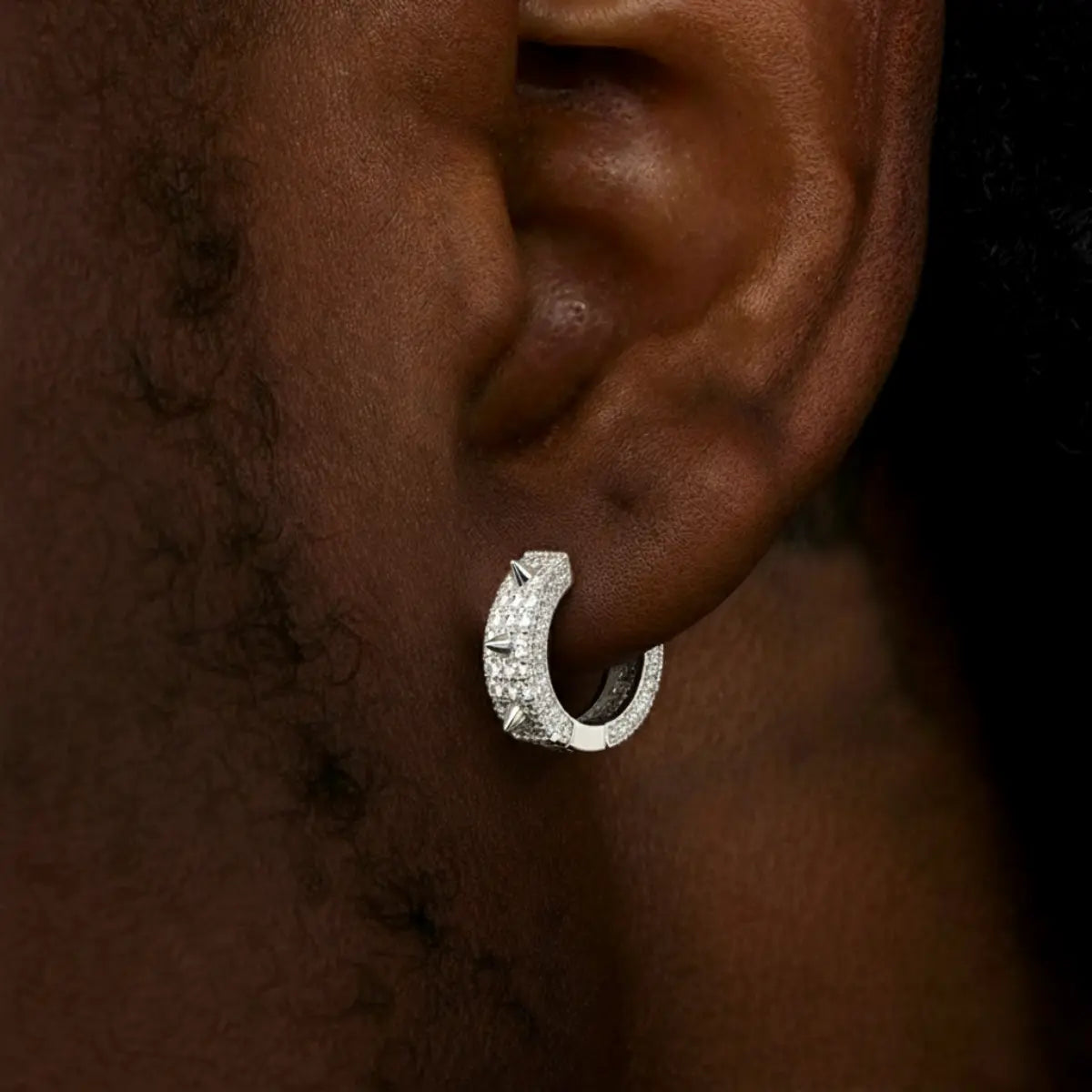Iced Out Spikelet Hoop Earrings White Gold Worn by Male Model Side