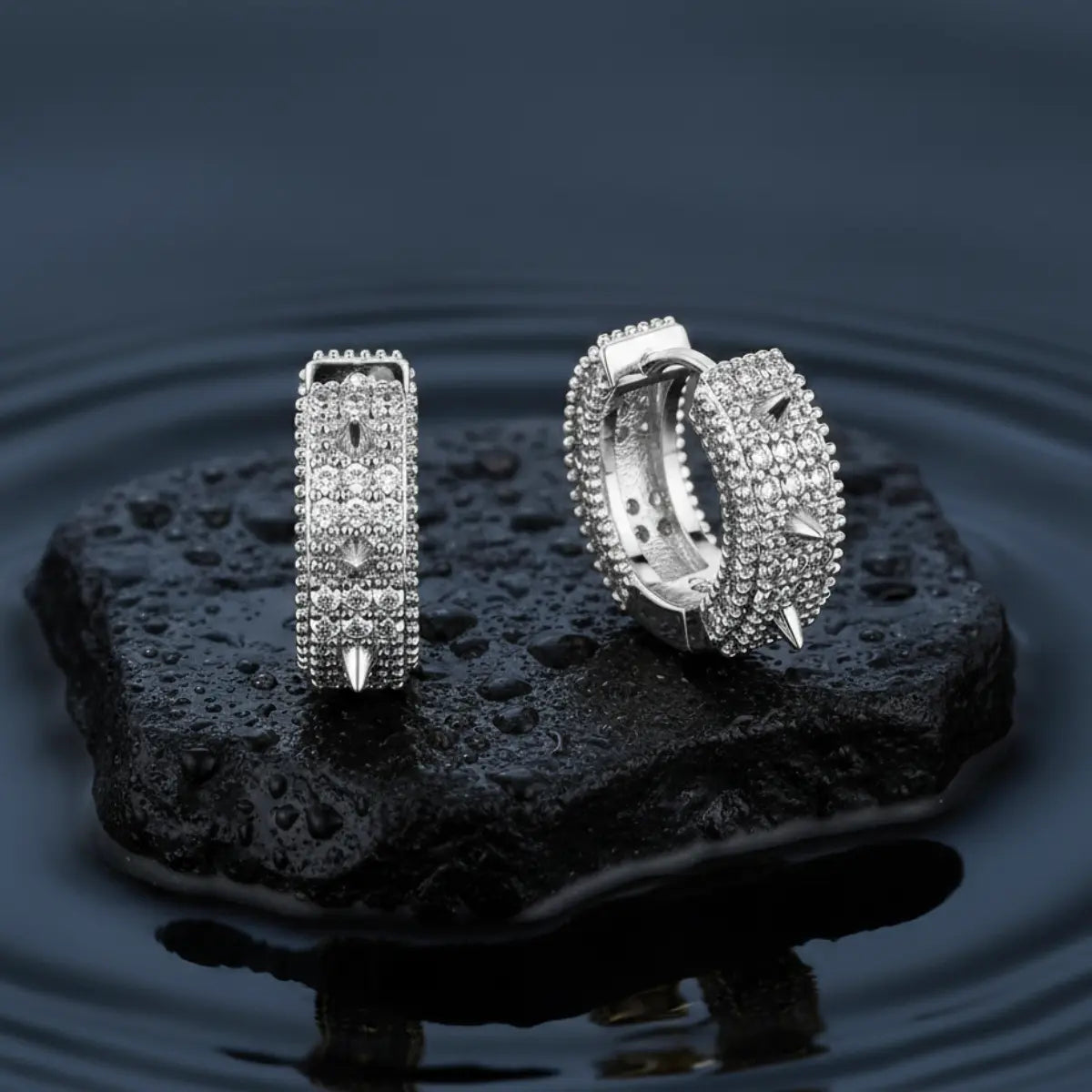 Iced Out Spikelet Hoop Earrings White Gold