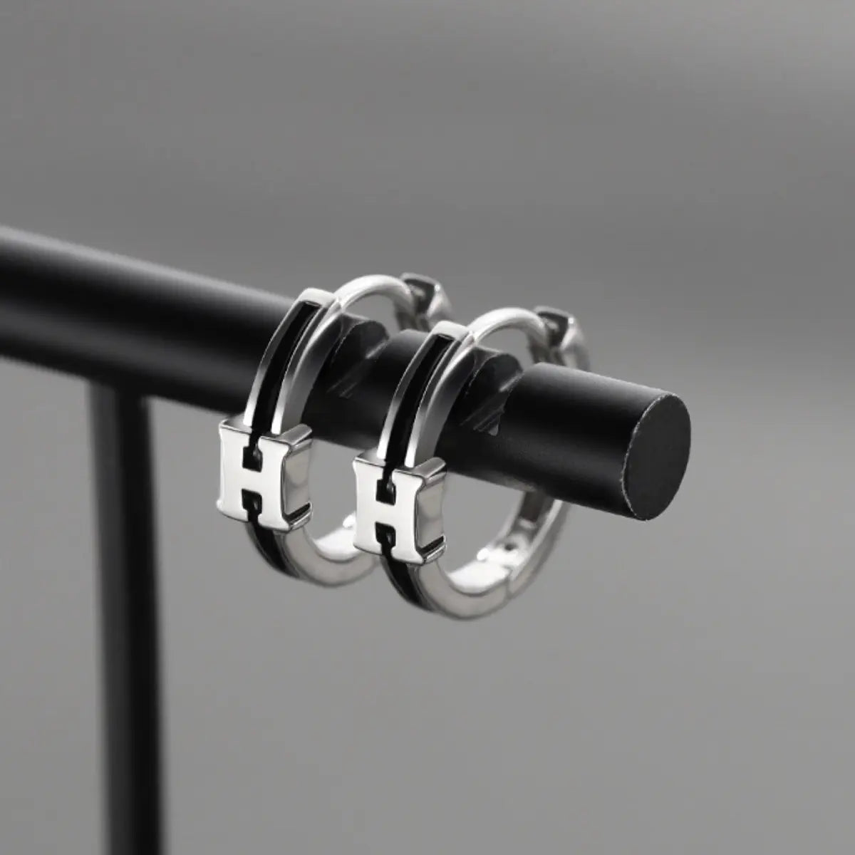 Initial Letter H Hoop Earrings Sterling Silver Close Up