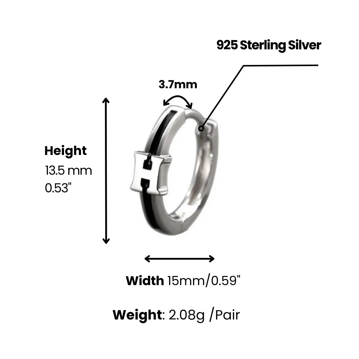 Initial Letter H Hoop Earrings Sterling Silver Dimensions and Weight