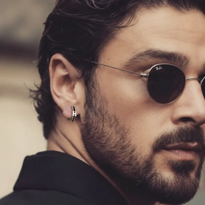 Initial Letter H Hoop Earrings Sterling Silver Worn by Male Model