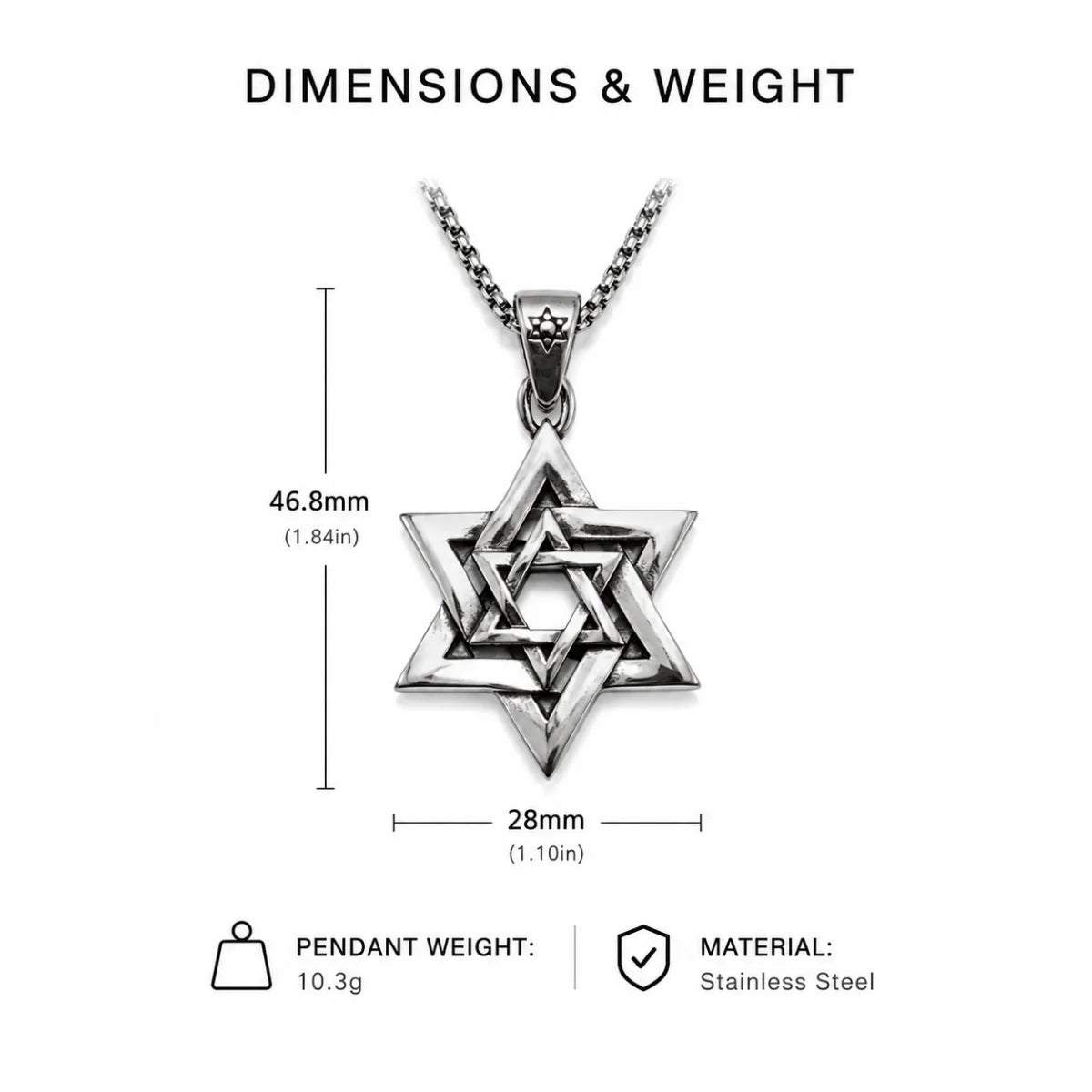 Interlocking Star of David Necklace Silver Dimension Diagram 42.5mm 1.67inch and 29.5mm 1.16inch 11.2g 0.39oz