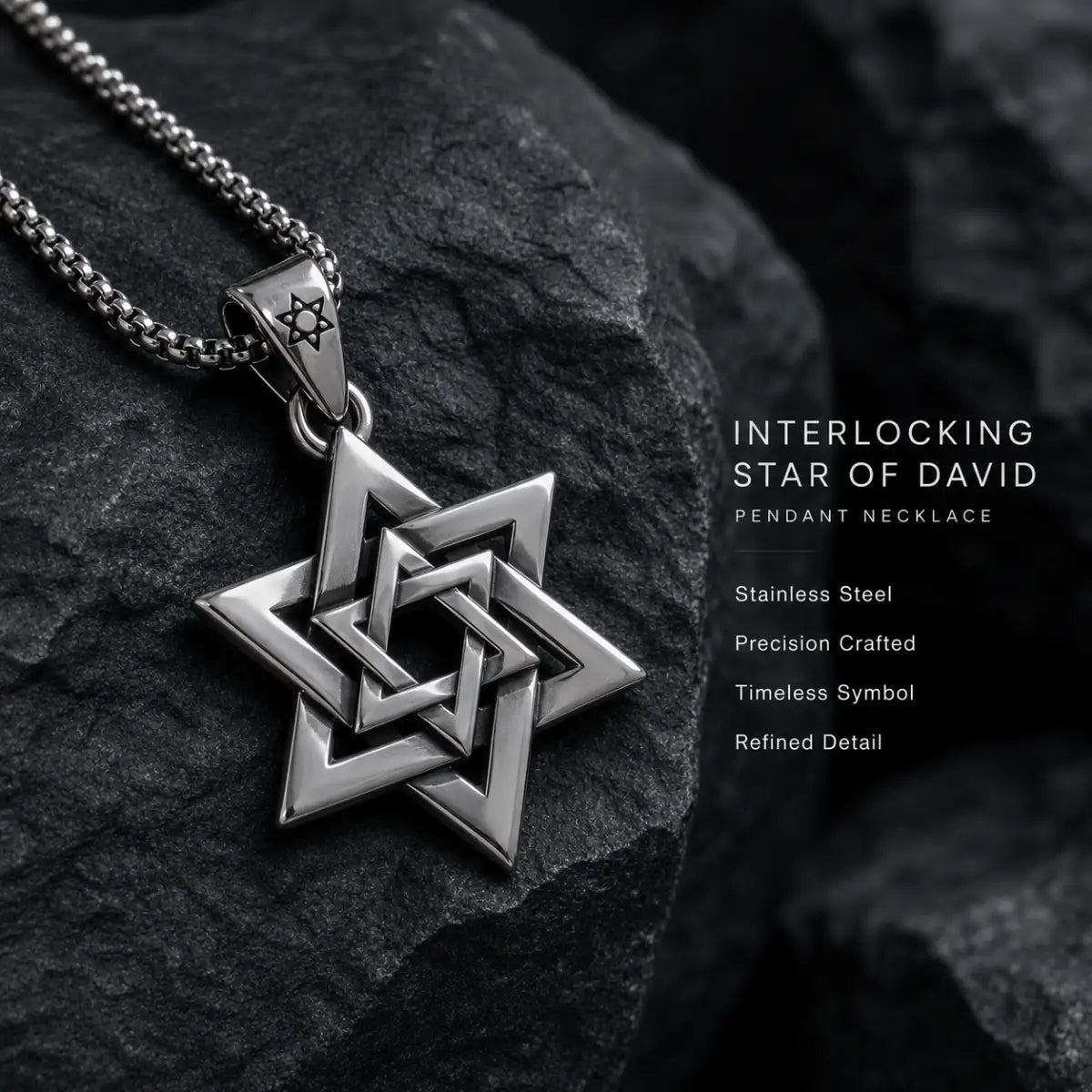 Interlocking Star of David Necklace Silver Displayed on Stone Surface