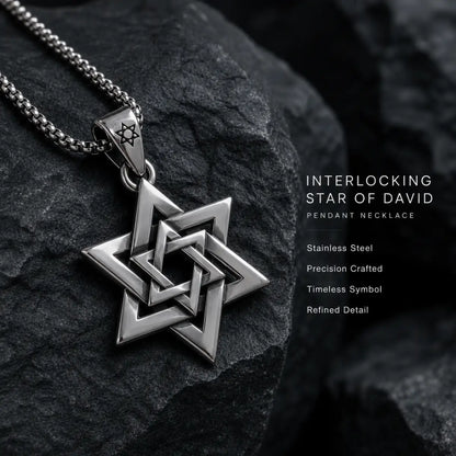 Interlocking Star of David Necklace Silver Displayed on Stone Surface