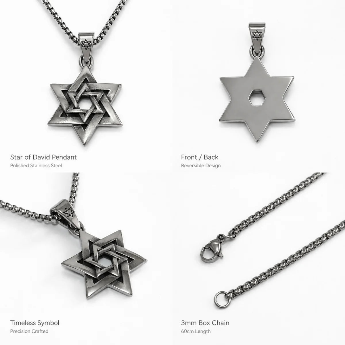 Interlocking Star of David Necklace Silver Multi Angle Product Feature Showcase
