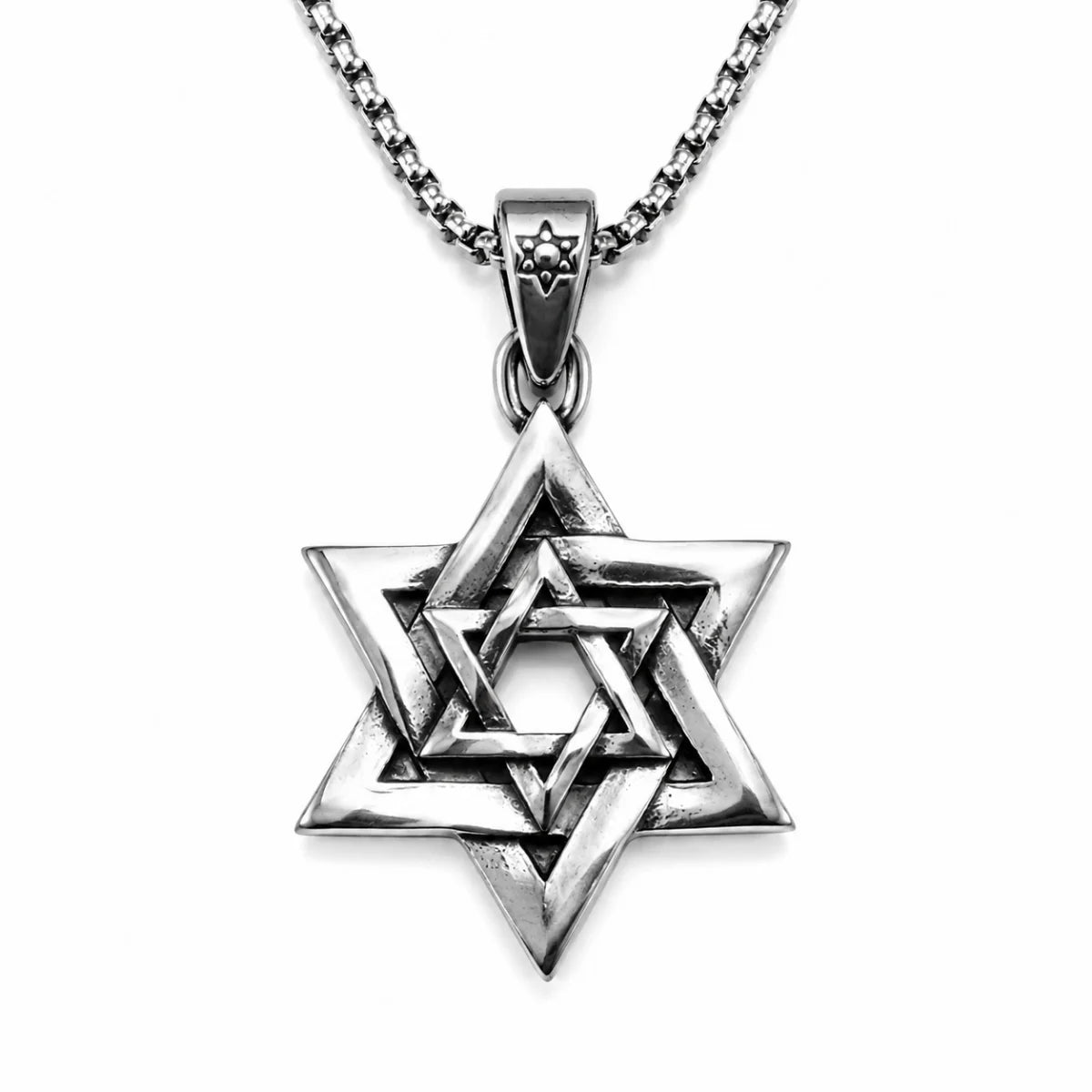 Interlocking Star of David Necklace Silver Pendant with Chain Front View White Background