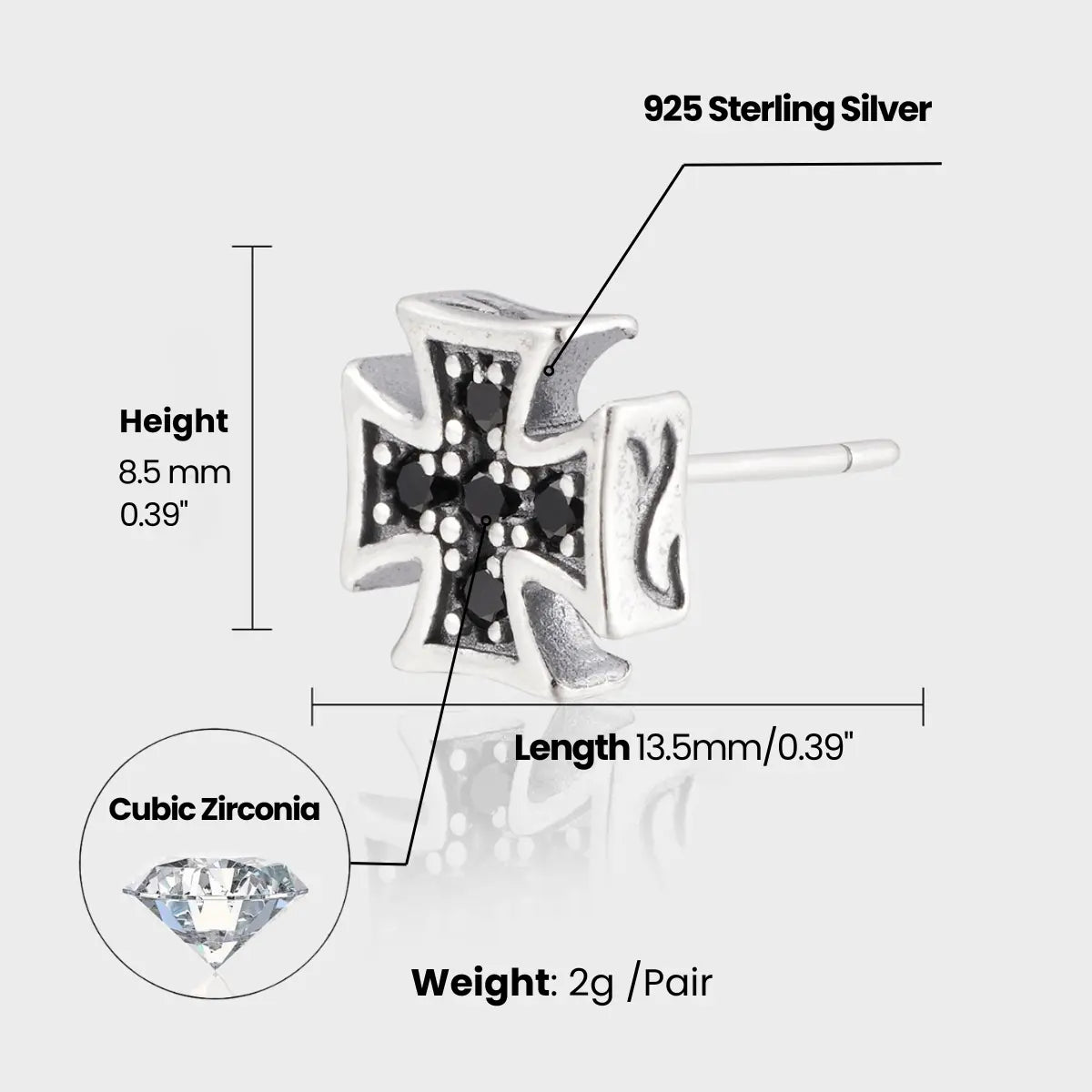 Iron Cross Earrings Sterling Silver Dimensions and Weight
