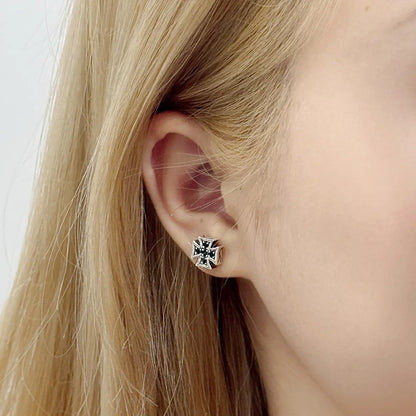 Iron Cross Earrings Sterling Silver Worn by Female Model Close Up