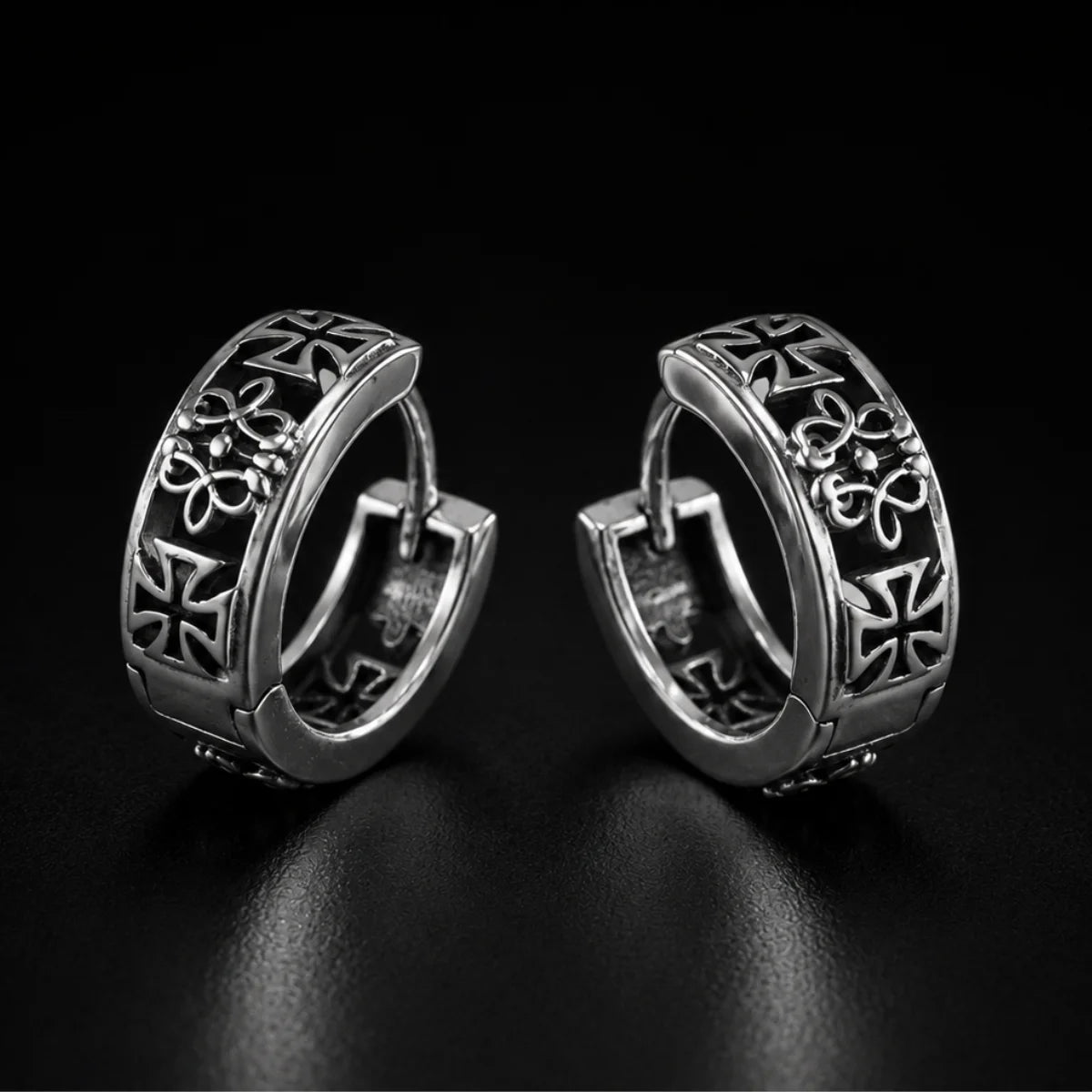 Iron Cross Hoop Earrings Silver Pair Close Up Black Background