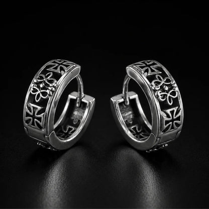 Iron Cross Hoop Earrings Silver Pair Close Up Black Background