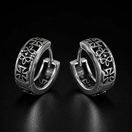 Iron Cross Hoop Earrings Silver Pair Close Up Black Background