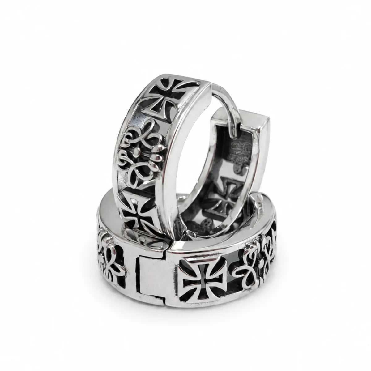 Iron Cross Hoop Earrings Silver Pair Front View White Background