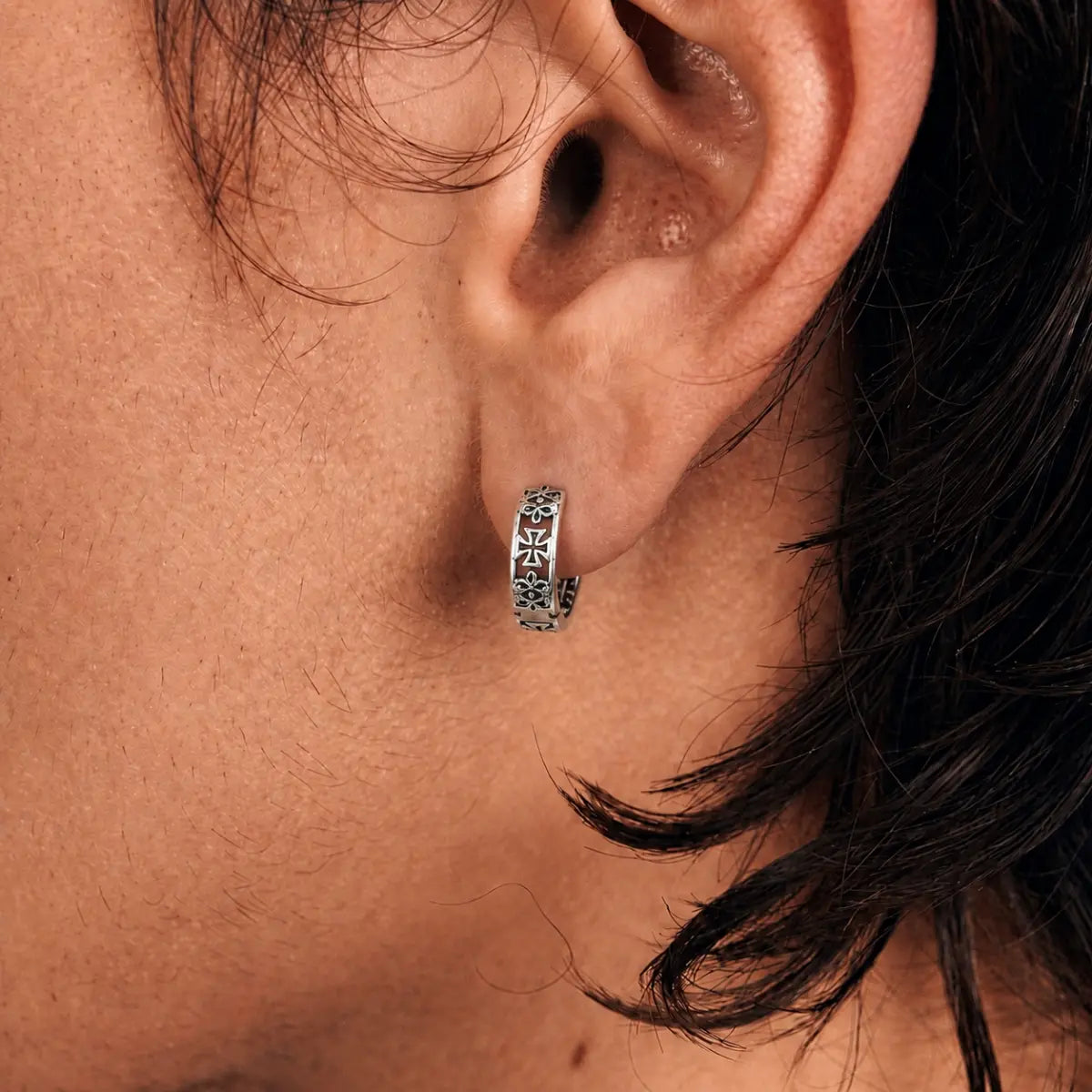 Iron Cross Hoop Earrings Silver Worn by Male Model Close Up