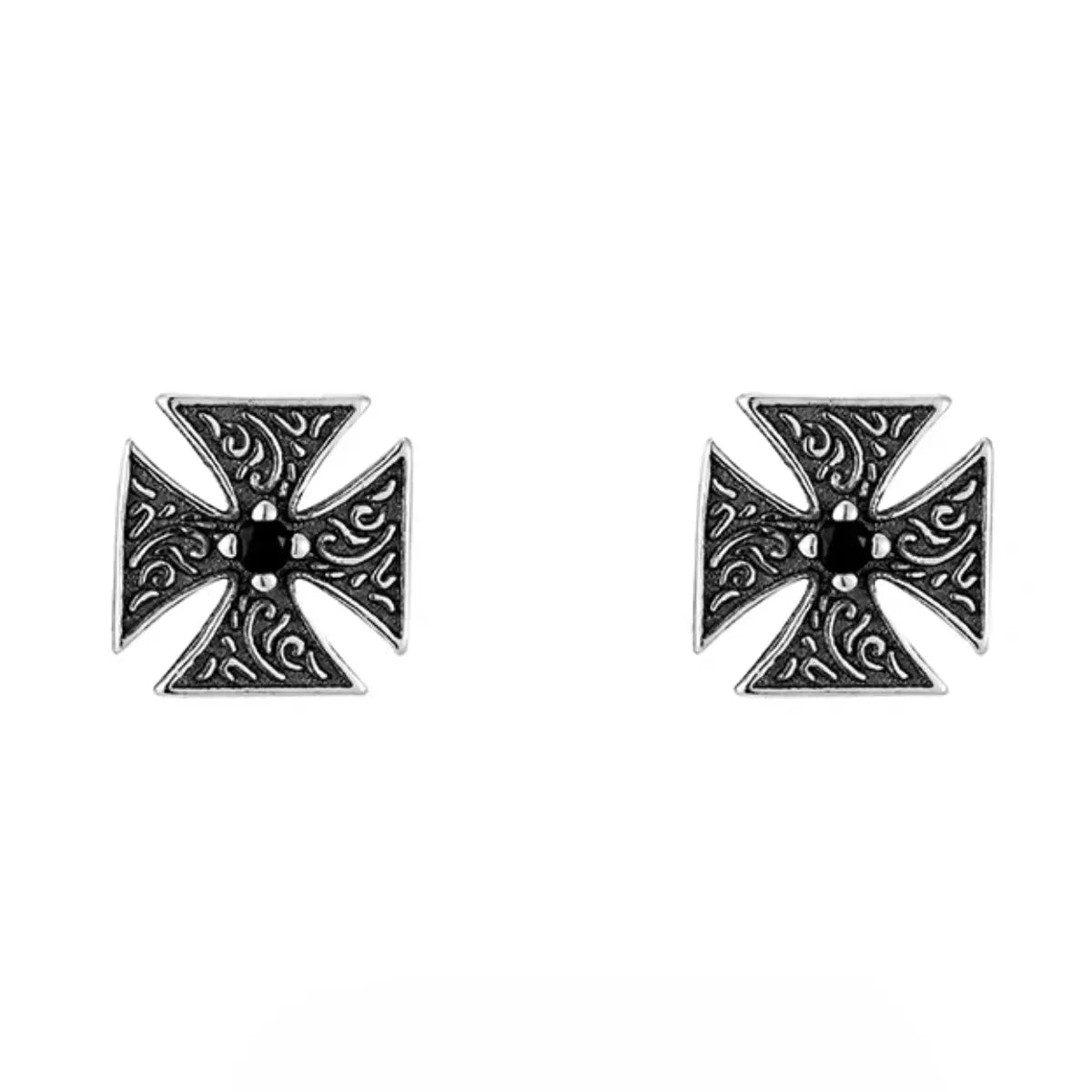 Iron Cross Stud Earrings with Black Gem