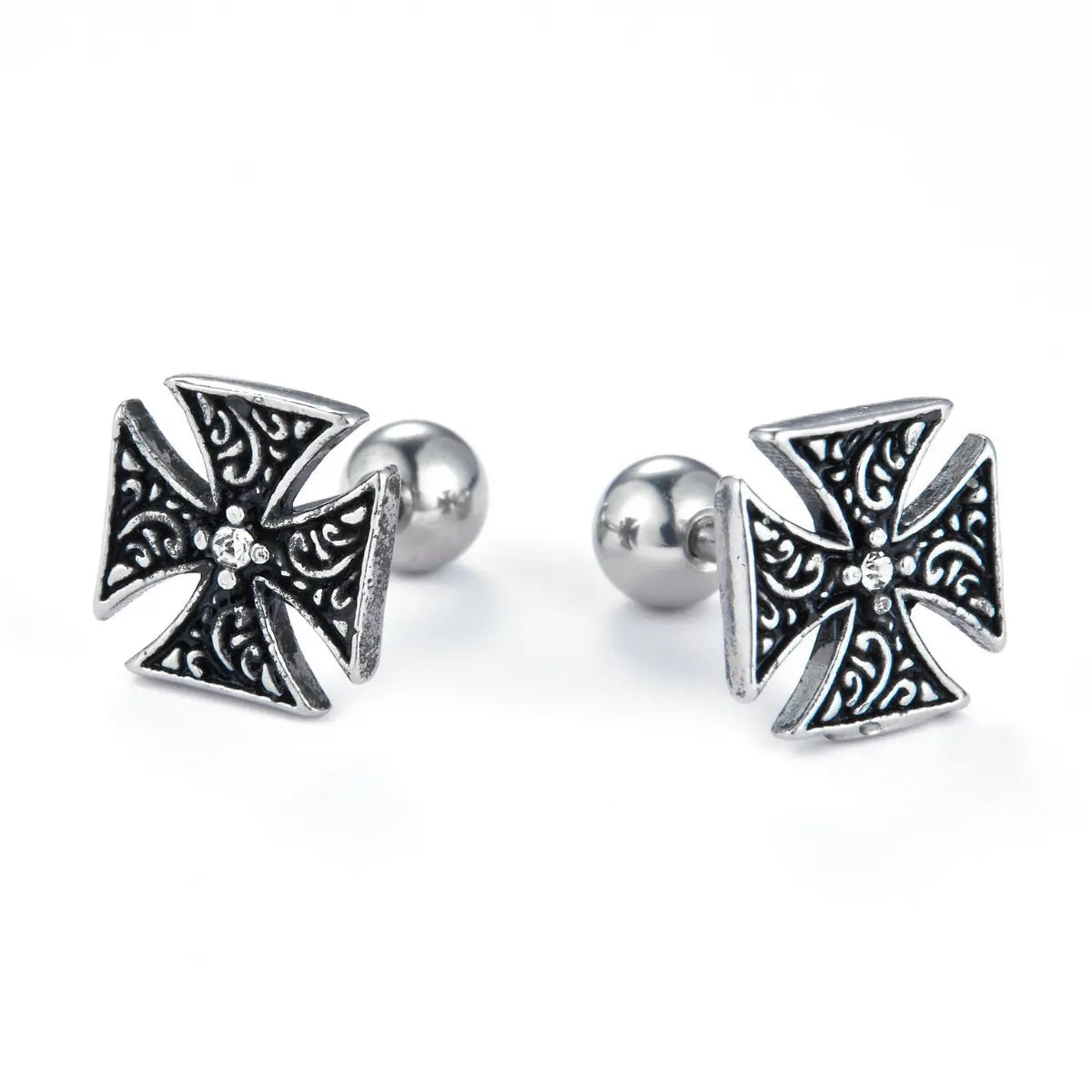 Iron Cross Stud Earrings with White Gem Details  