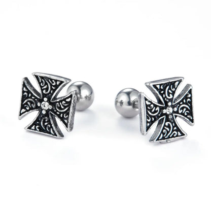 Iron Cross Stud Earrings with White Gem Details  