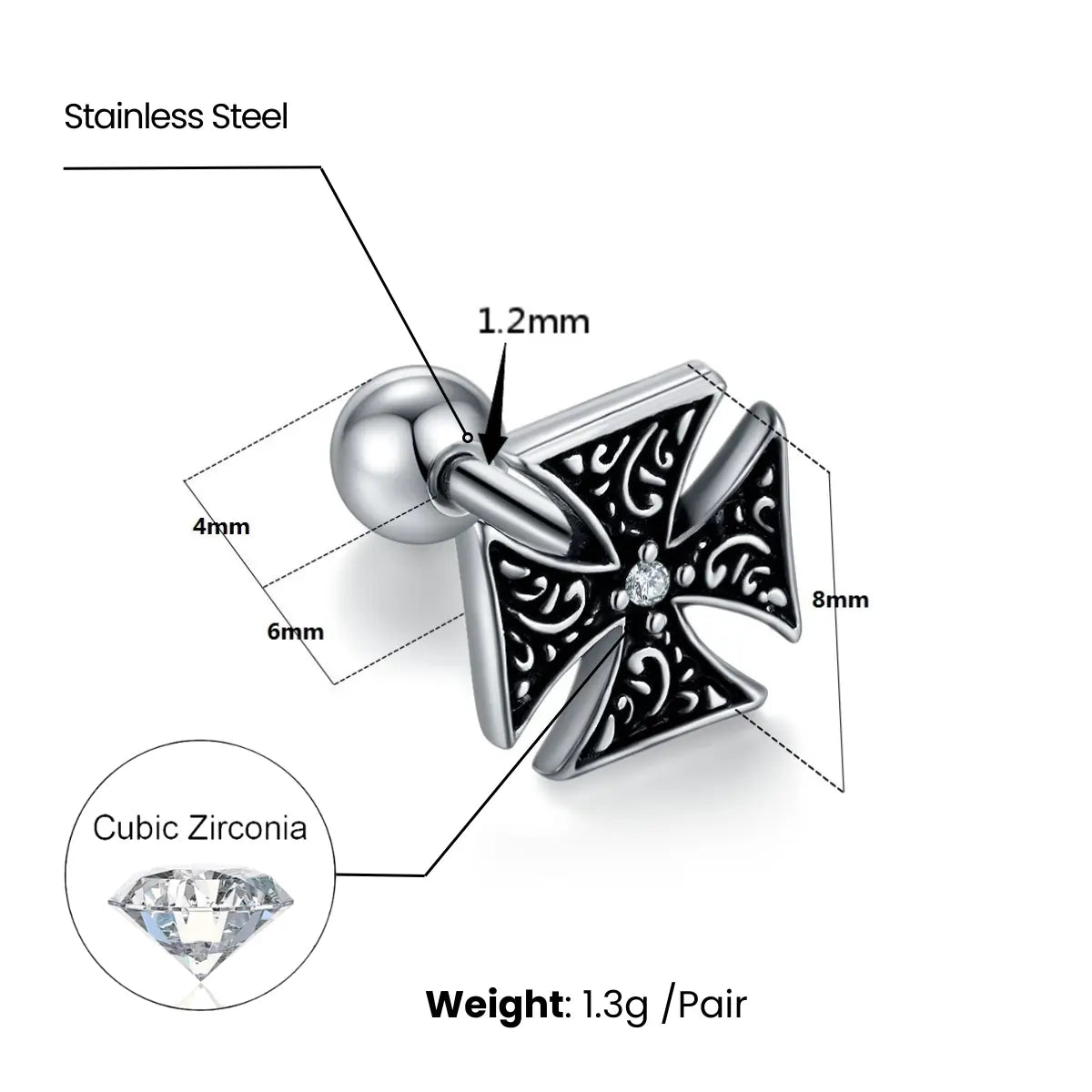 Iron Cross Stud Earrings with White Gem Dimensions and Weight  