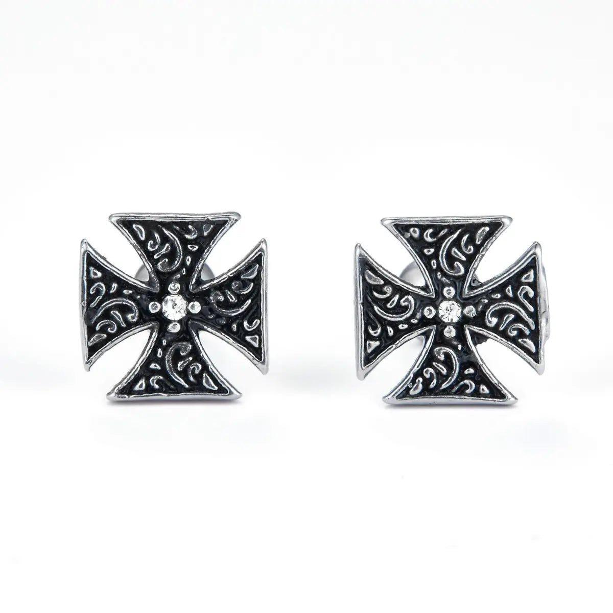 Iron Cross Stud Earrings with White Gem