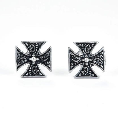 Iron Cross Stud Earrings with White Gem