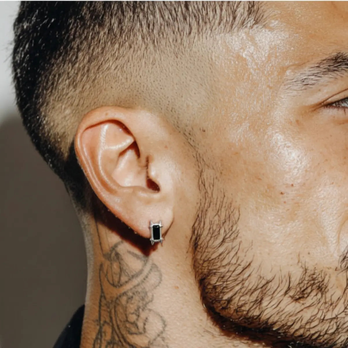 Irregular CZ Rectangle Stud Earrings Worn by Male Model