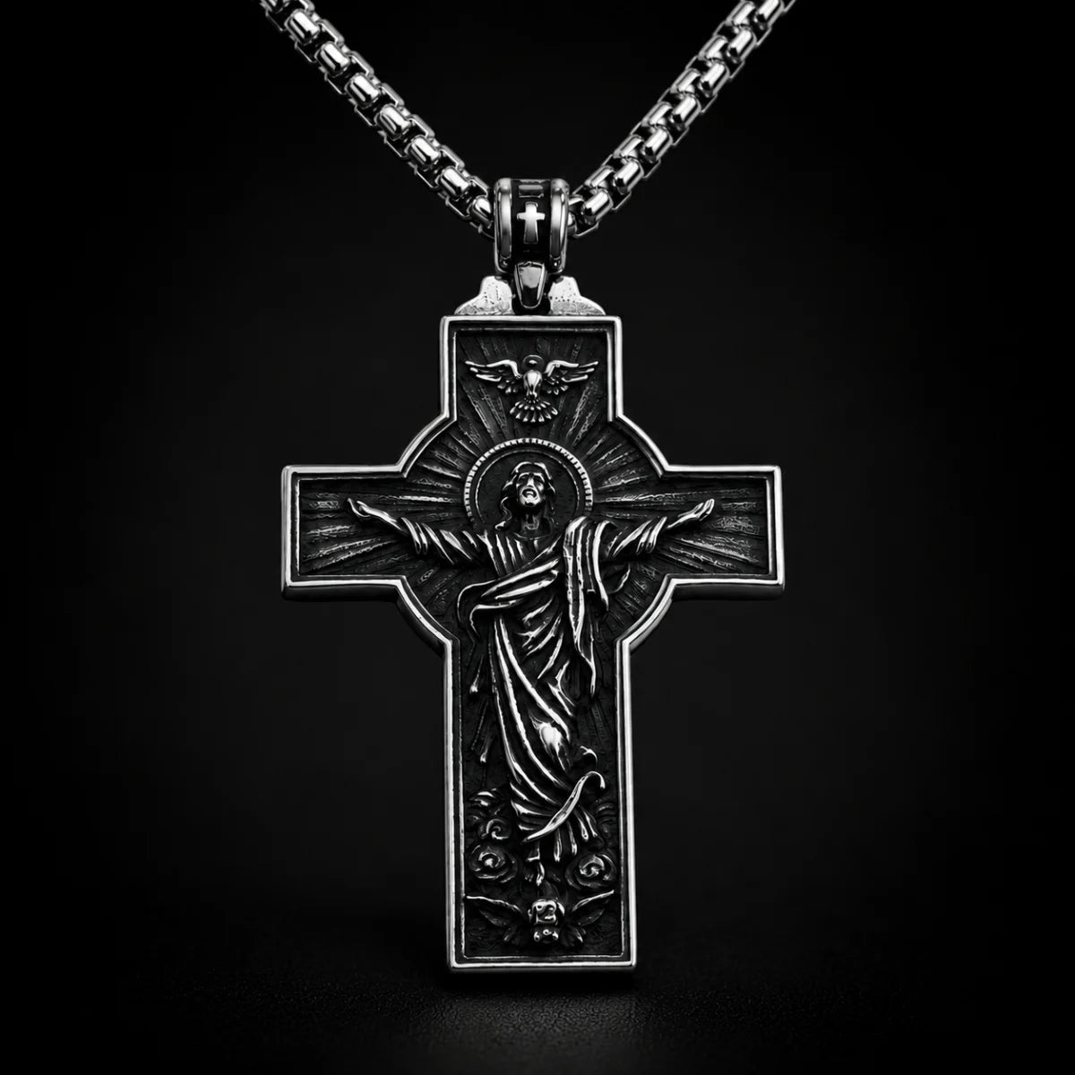 Jesus Christ Cross Necklace Silver Close Up Black Background