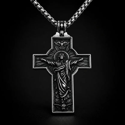 Jesus Christ Cross Necklace Silver Close Up Black Background