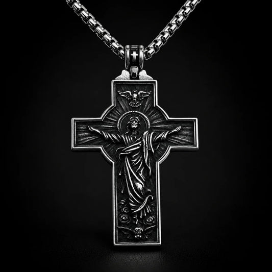 Jesus Christ Cross Necklace Silver Close Up Black Background