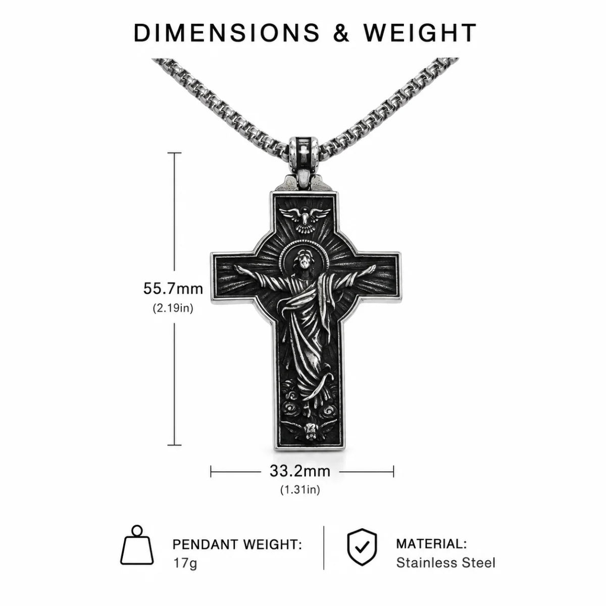 Jesus Christ Cross Necklace Silver Dimension Diagram 48.7mm 1.92inch and 31.8mm 1.25inch