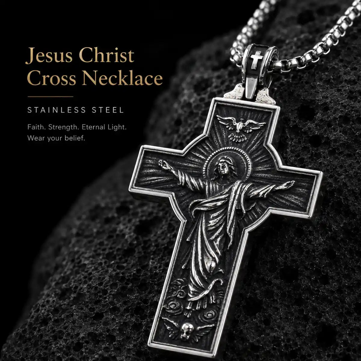 Jesus Christ Cross Necklace Silver Displayed on Stone Surface