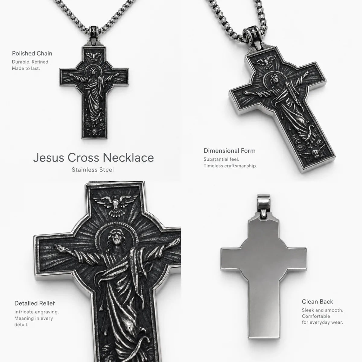 Jesus Christ Cross Necklace Silver Multi Angle Product Feature Showcase