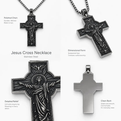 Jesus Christ Cross Necklace Silver Multi Angle Product Feature Showcase