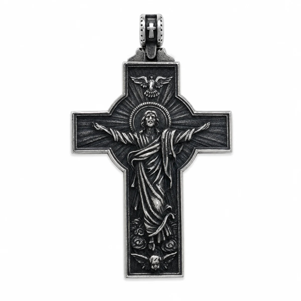 Jesus Christ Cross Necklace Silver Pendant Only Front View White Background
