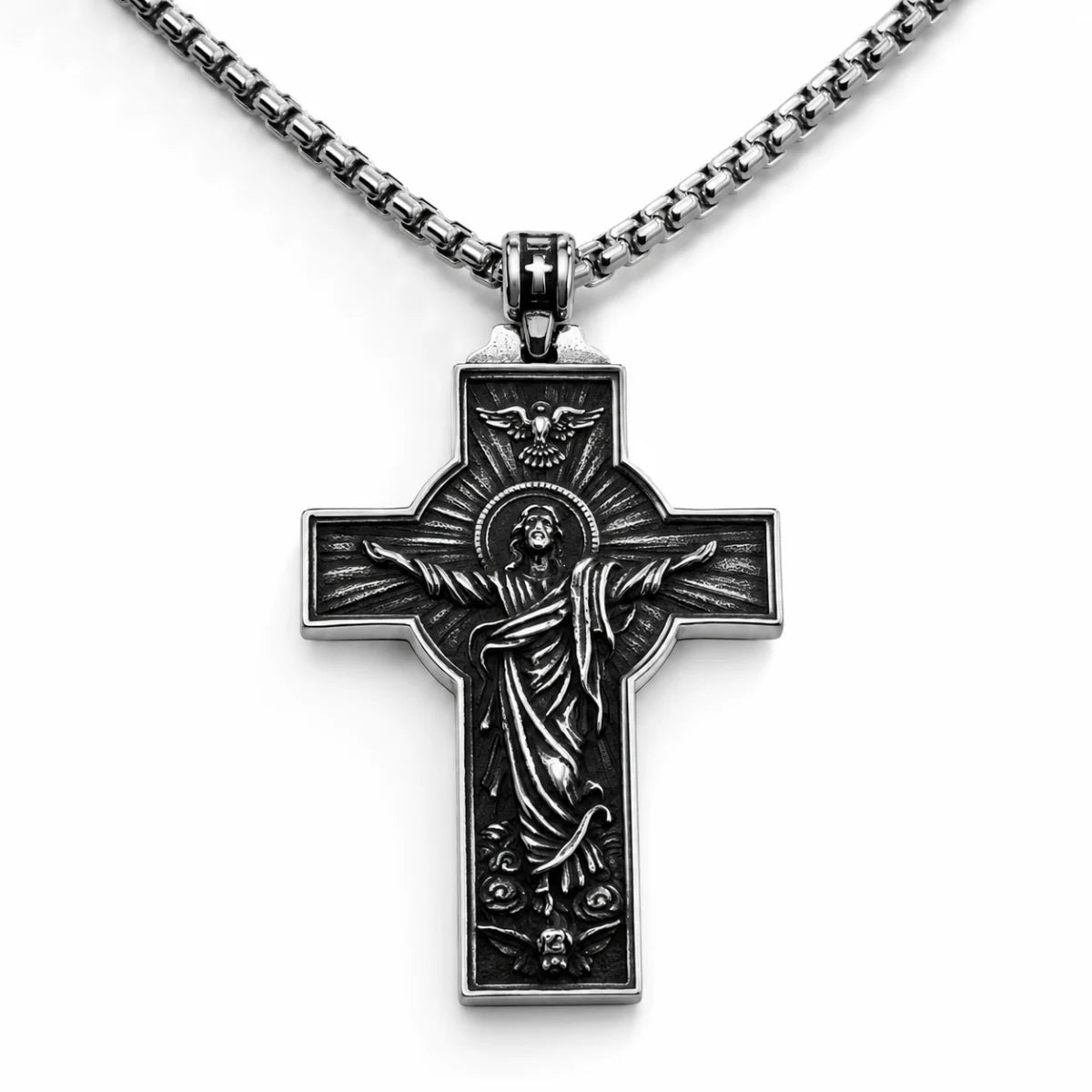 Jesus Christ Cross Necklace Silver Pendant with Chain Front View White Background