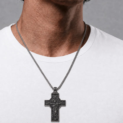 Jesus Christ Cross Necklace Silver Worn by Male Model Chest View