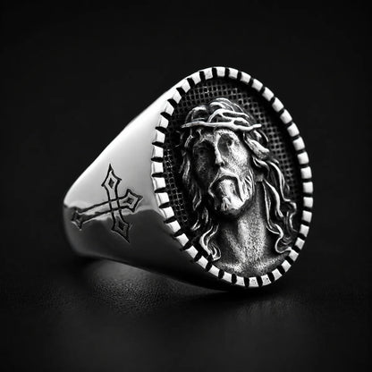 Jesus Christ Signet Ring Silver Close Up Black Background