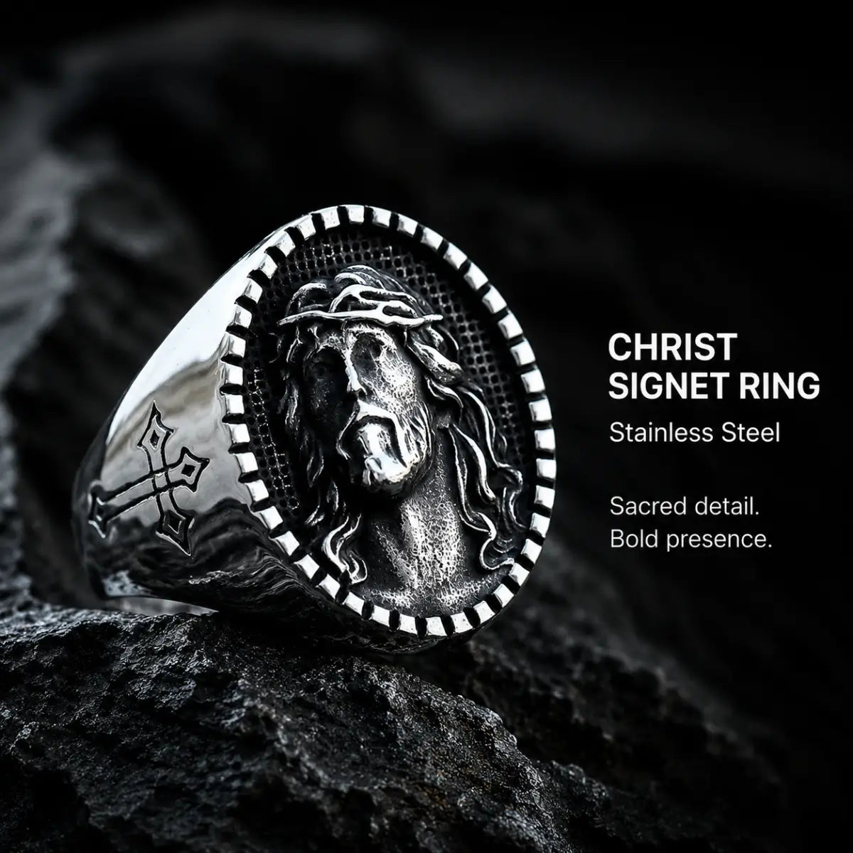 Jesus Christ Signet Ring Silver Displayed on Stone Surface
