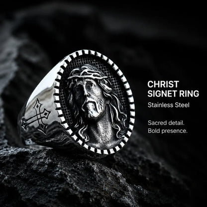 Jesus Christ Signet Ring Silver Displayed on Stone Surface
