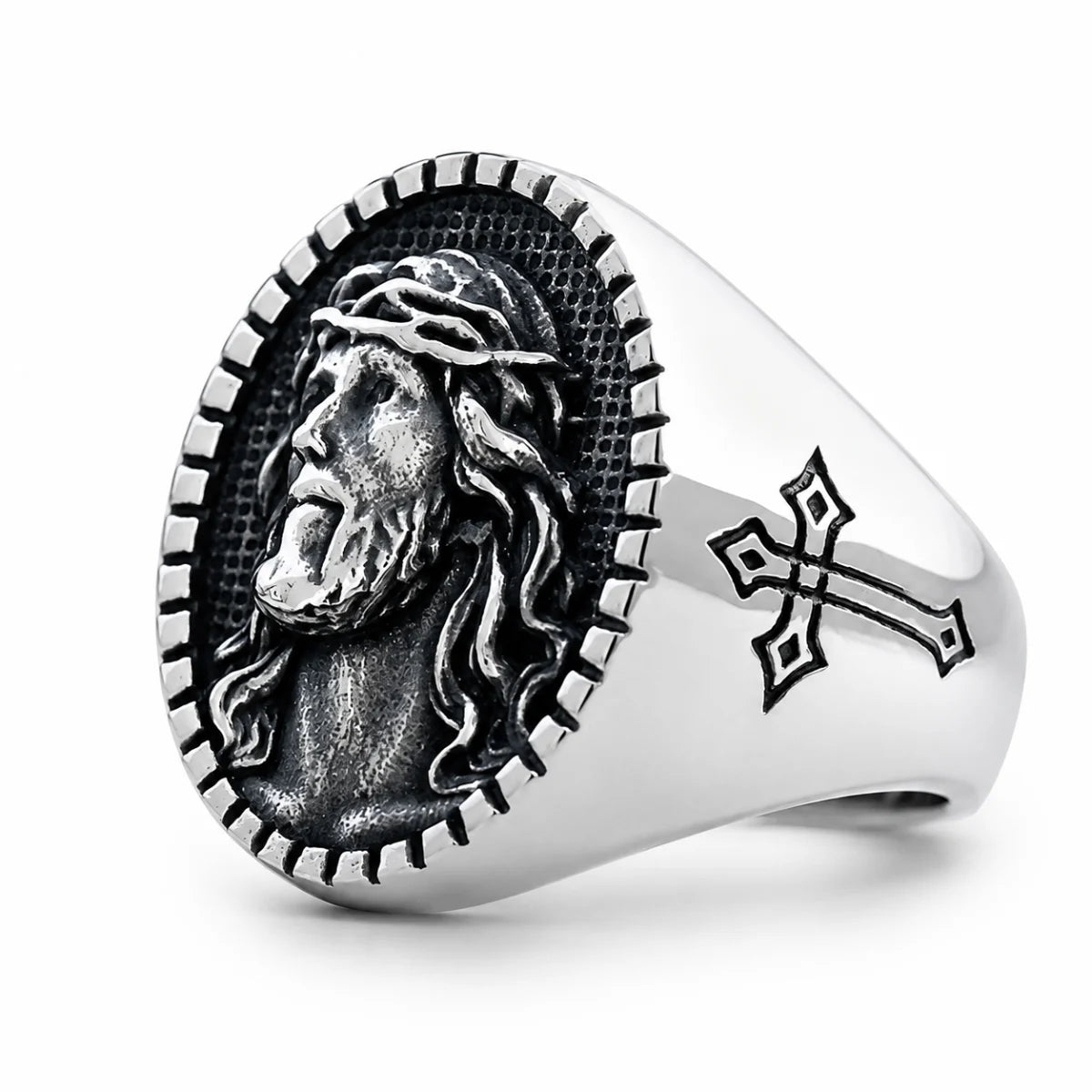 Jesus Christ Signet Ring Silver Front View White Background