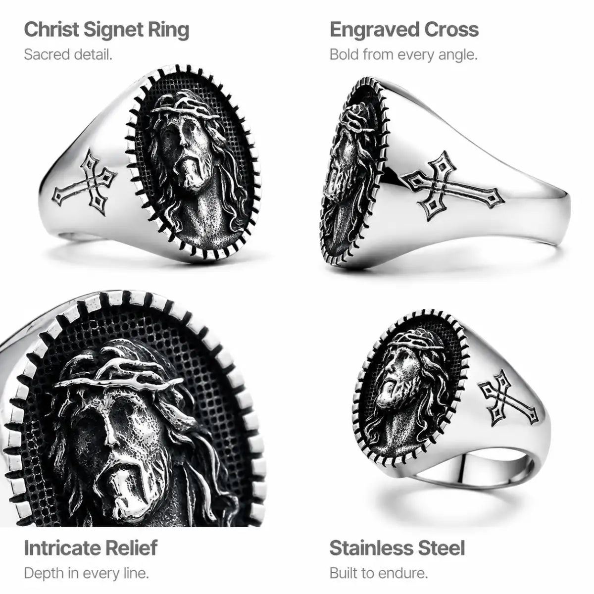Jesus Christ Signet Ring Silver Multi Angle Product Feature Showcase