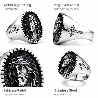 Jesus Christ Signet Ring Silver Multi Angle Product Feature Showcase