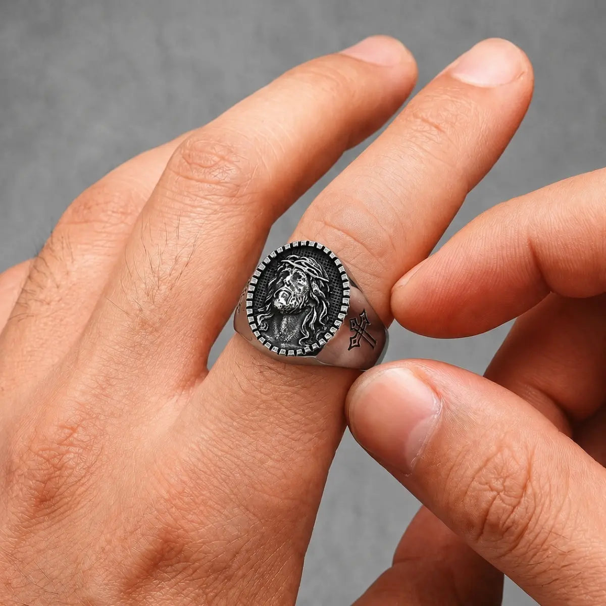 Jesus Christ Signet Ring Silver Worn on Male Hand Close Up