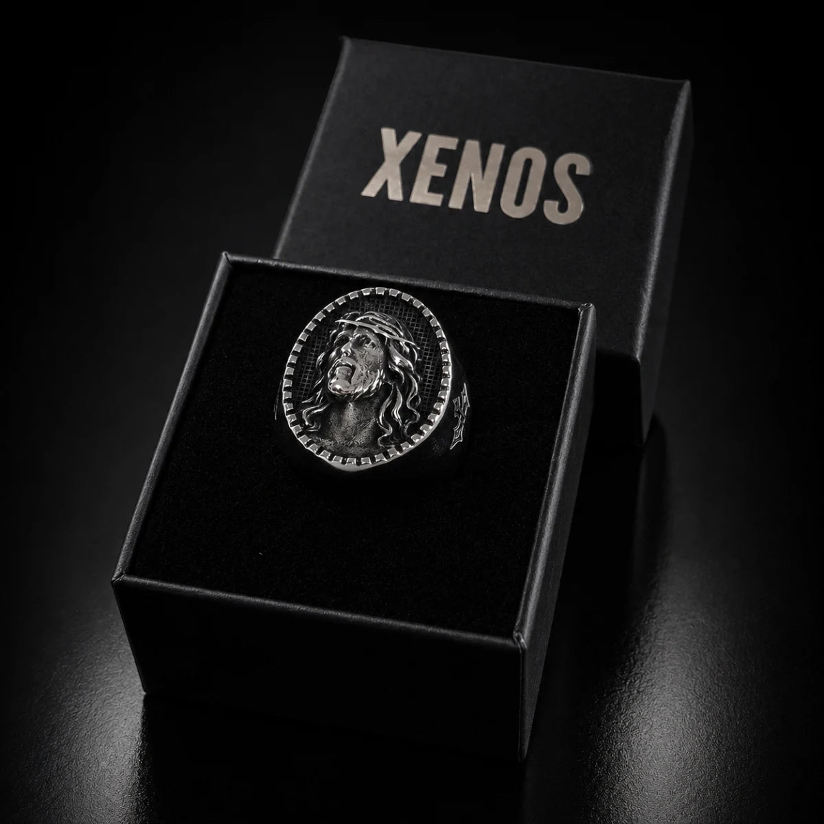 Jesus Christ Signet Ring Silver in Gift Box Black Background