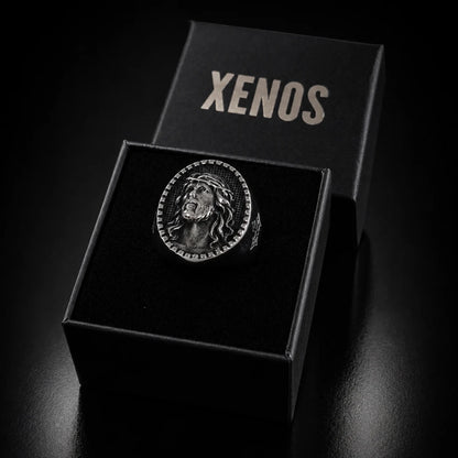 Jesus Christ Signet Ring Silver in Gift Box Black Background