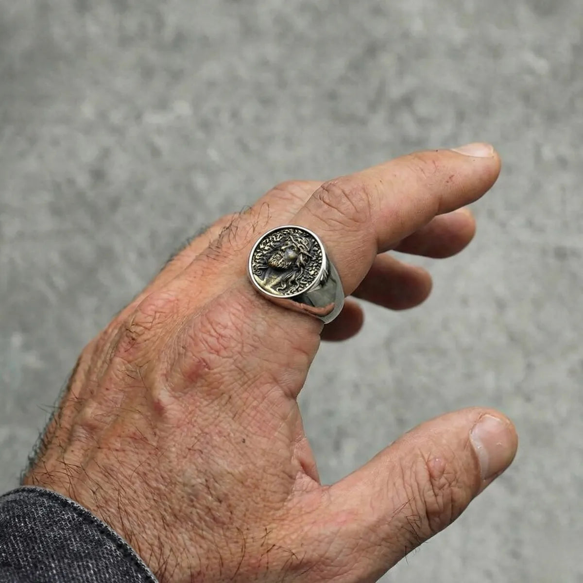 Jesus Crown of Thorns Signet Ring Worn by Male Model