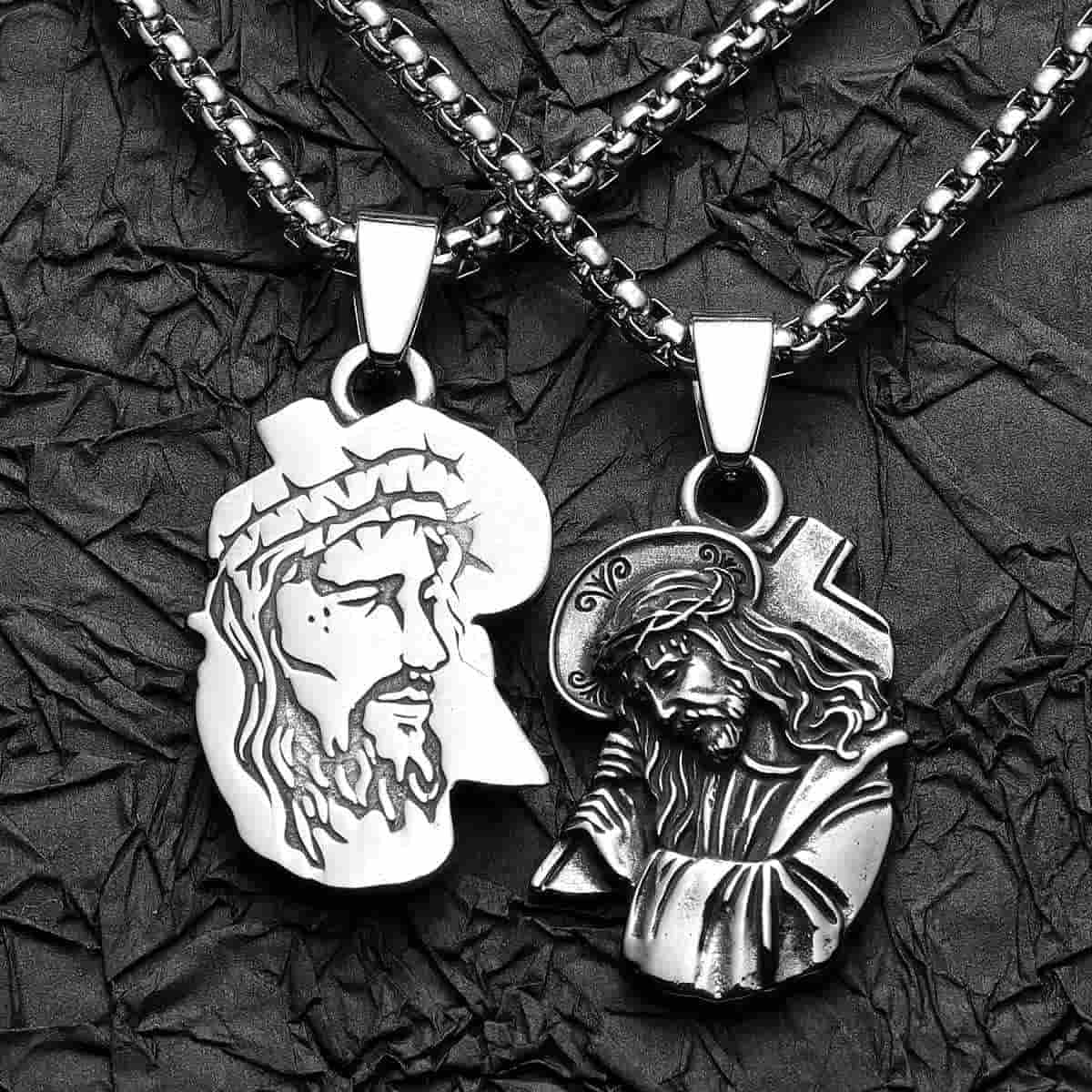 Jesus Crucifix Pendant with Crown of Thorns Pendant with Chain Black Surface Xenos Jewelry